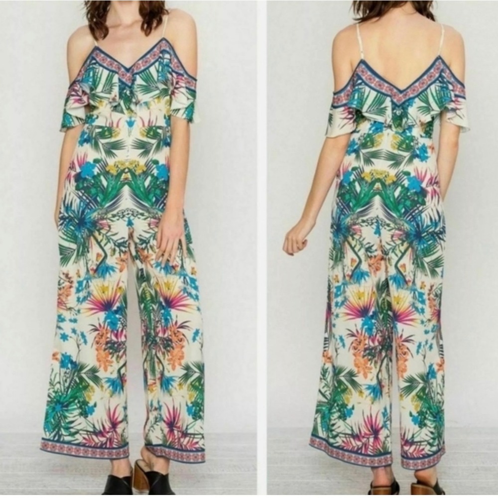 Flying Tomato Tropical Floral Cold Shoulder Wide Leg Jumpsuit Cream Multi